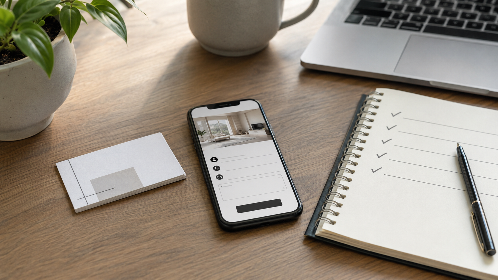 Clean modern desk with business cards, smartphone contact form, checklist notebook, laptop, plant, and coffee mug in soft natural light.