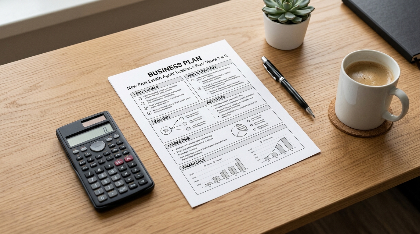 A simple real estate business plan document on a desk with a calculator and coffee.