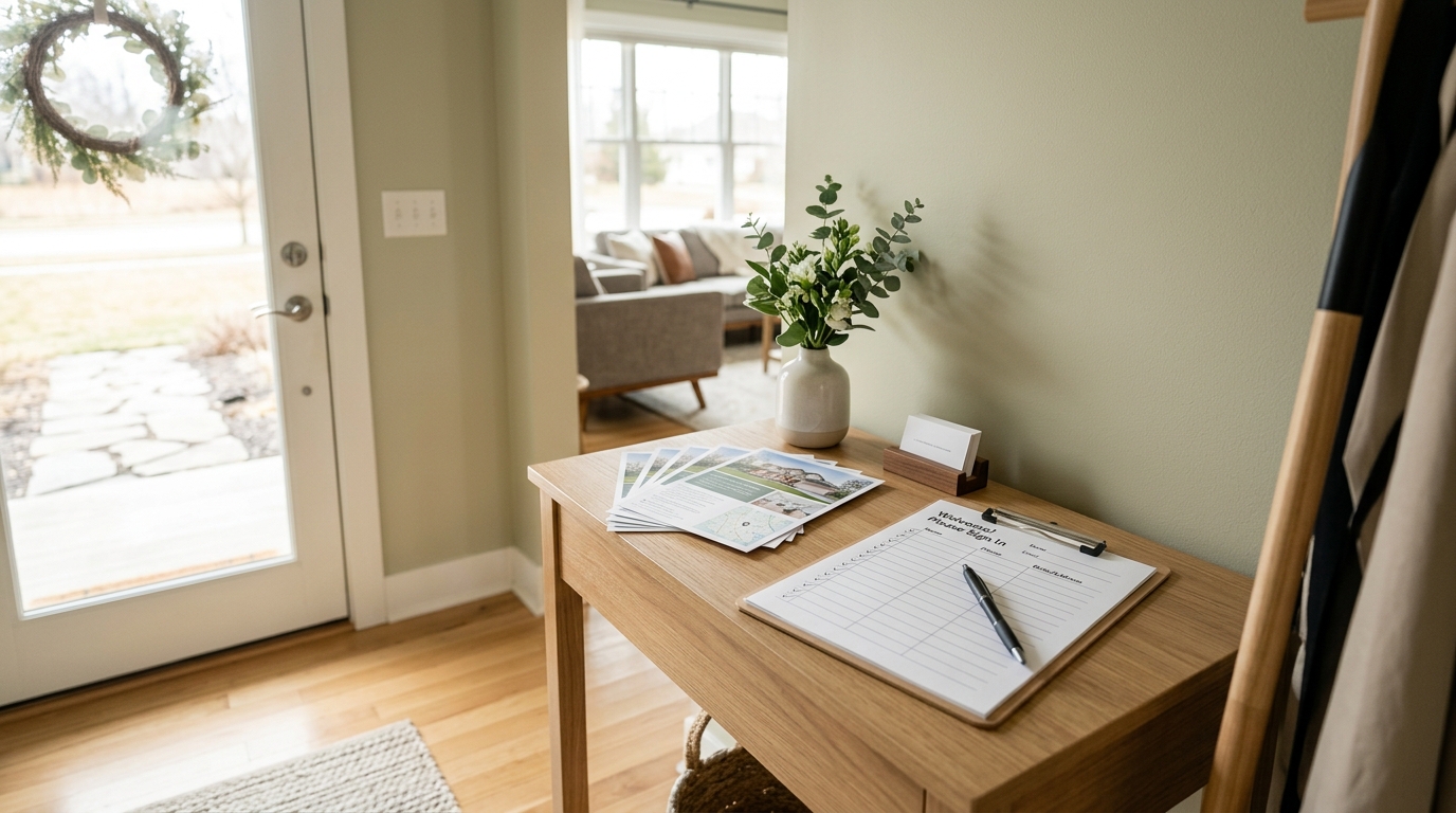 A clean entryway table set up with an open house sign-in sheet and a pen.