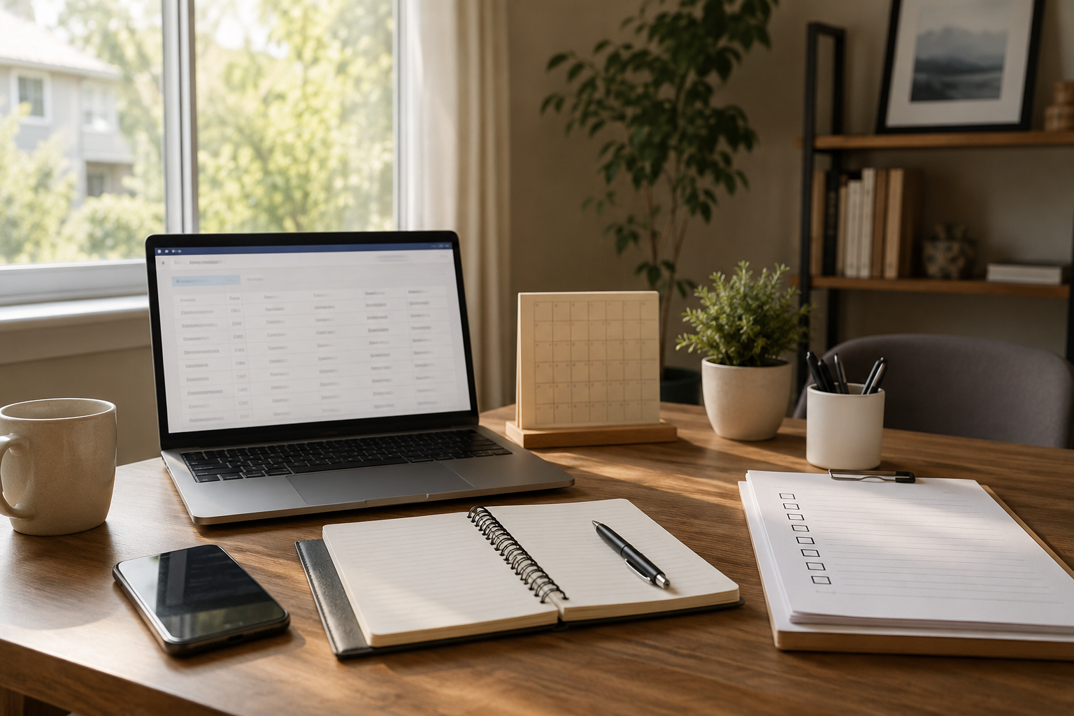 A bright, organized workspace for a new real estate agent featuring a laptop displaying a simple contact tracker, an open notebook for planning, a smartphone, a monthly desk calendar, and a brokerage evaluation checklist. Warm morning sunlight fills the room, creating a calm and productive atmosphere. The desk is clean and practical, with subtle greenery and modern office essentials, emphasizing structure, planning, and business growth without visible branding or people.
