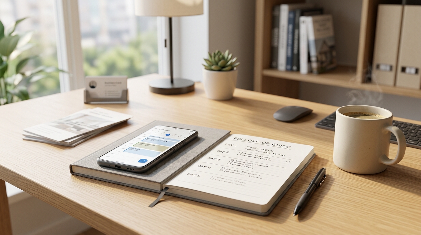 A smartphone and notepad on a desk, representing a real estate agent's follow-up schedule.